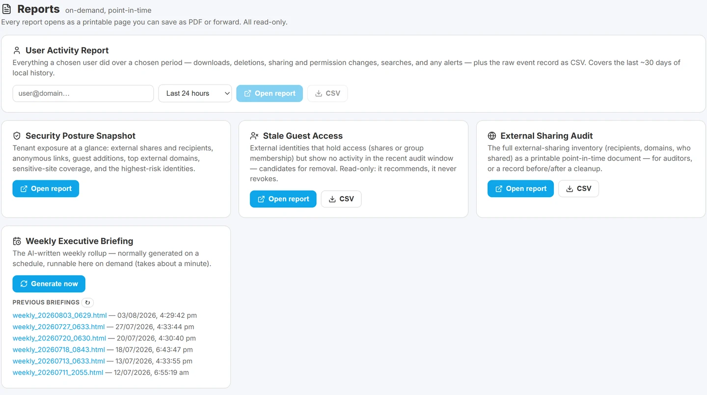 Burrow reports page listing user activity, stale guest access and external sharing audit reports